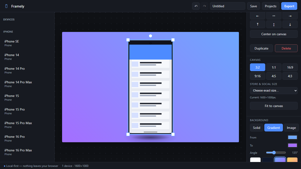 The Framely editor showing an Android screenshot inside a realistic device frame on a gradient background